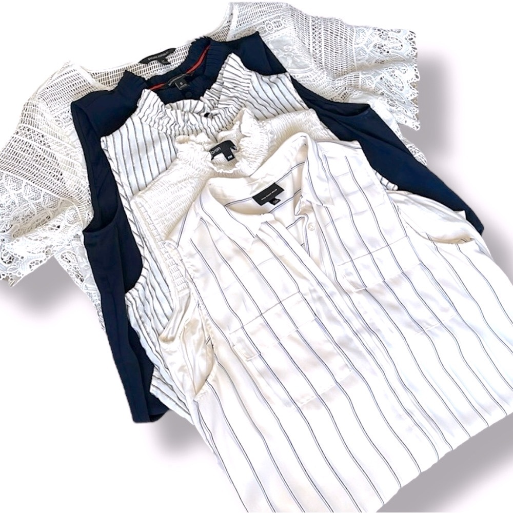 Lot of 5 Women’s Pinstriped Smocked Lace Chiffon Sleeveless Work Blouses Size M
